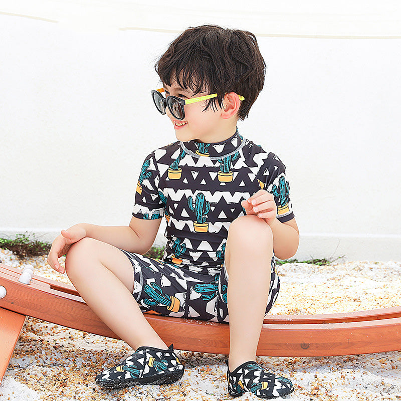 Baby Kids Boy Girl's Printed One Piece Swimming Suit n Free Cap 718156-06 Caricature - Little Kooma