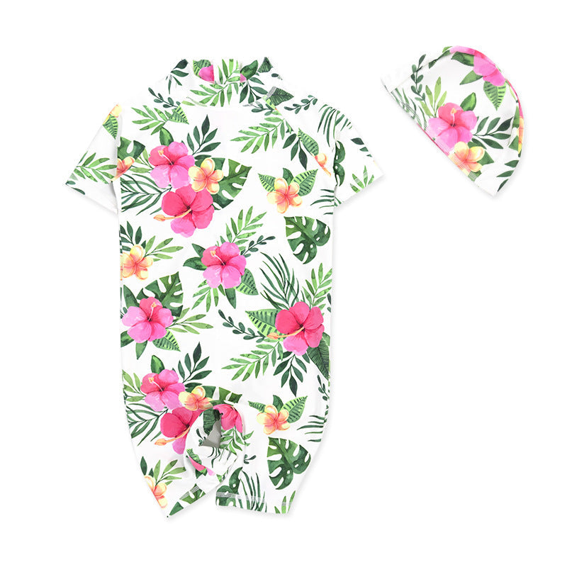 Baby Kids Boy Girl's Printed One Piece Swimming Suit n Free Cap 718156-06 Caricature - Little Kooma