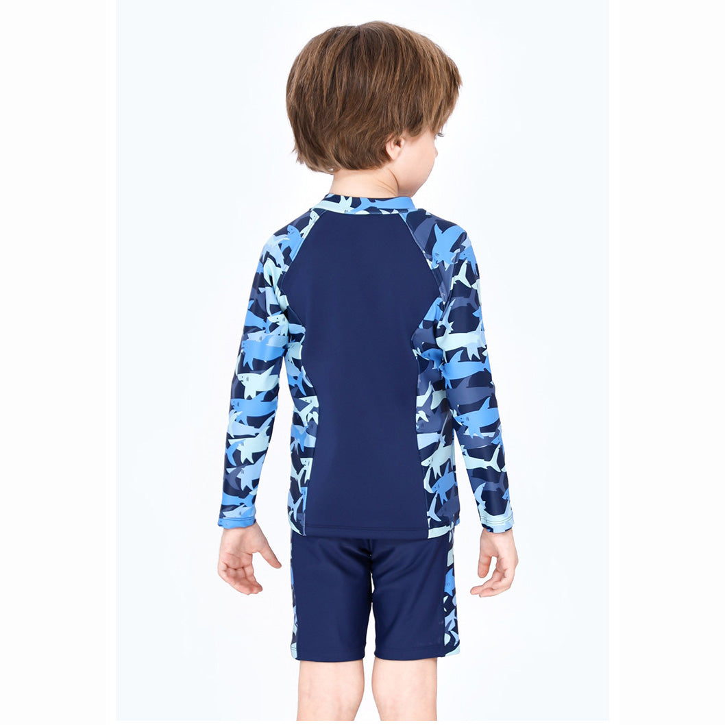 Baby Kids Boy's Camouflage Shark Prints Long Sleeves Two Piece Swimming Suit Top Shorts n Free Cap 908032 - Little Kooma