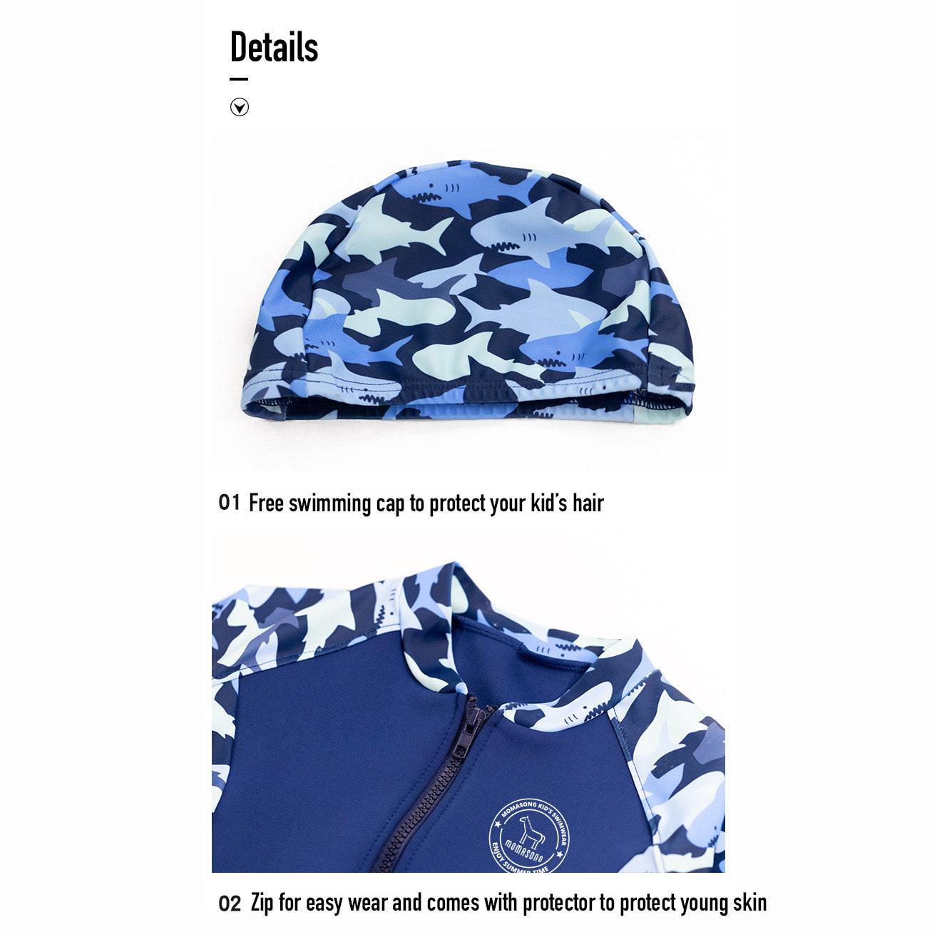 Baby Kids Boy's Camouflage Shark Prints Long Sleeves Two Piece Swimming Suit Top Shorts n Free Cap 908032 - Little Kooma