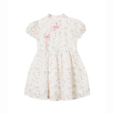Baby Kids Girl Ivory Floral Cheongsam Dress w Embroidered Branches Green Leaves n Pink Flowers Prints - Little Kooma