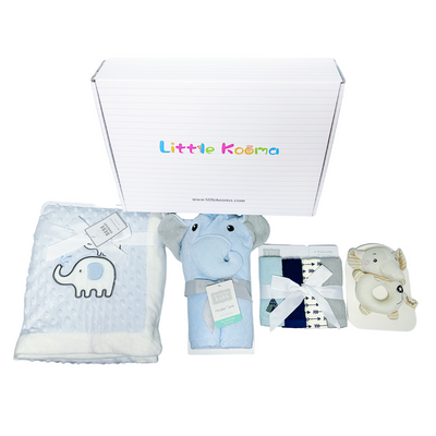 New Born Baby Boy Little Kooma Brand Gift Box Blue Elephant Dotted Blanket Hooded Towel Hand Rattle Set - Little Kooma