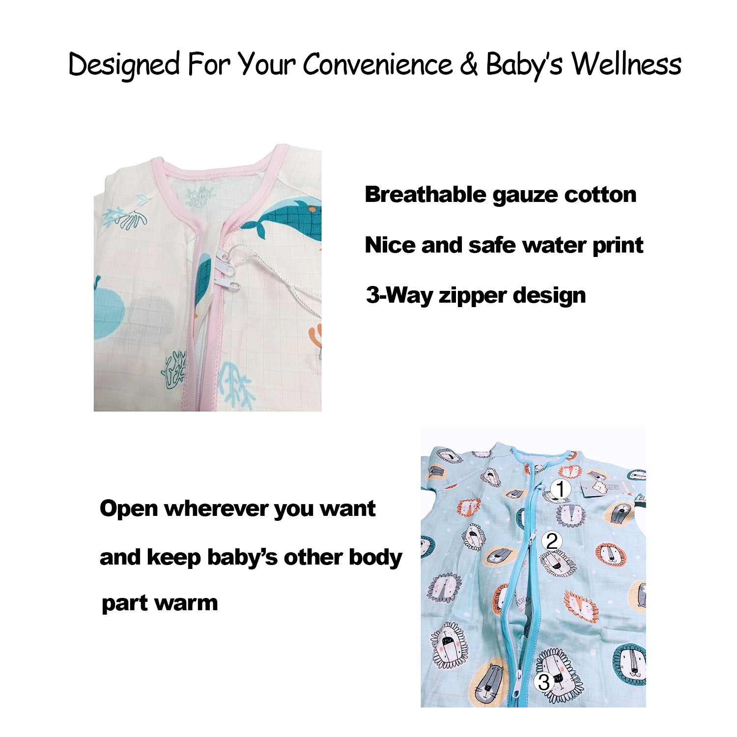 Baby Wearable Muslin Blanket Long Sleeve Sleeping Bag 3-Way Zipper Pink - Little Kooma