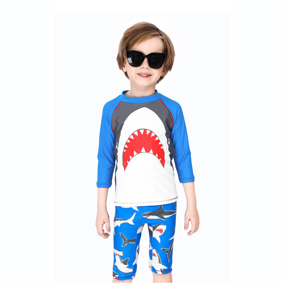 Baby Kids Boy's Big Mouth Shark Long Sleeves Two Piece Swimming Suit Top Shorts n Free Cap 908030 - Little Kooma