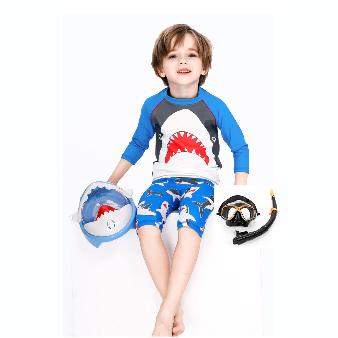 Baby Kids Boy's Big Mouth Shark Long Sleeves Two Piece Swimming Suit Top Shorts n Free Cap 908030 - Little Kooma