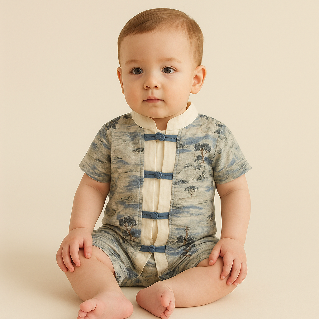 Singapore Souvenir Gift Chinese Landscape Painting Mountains Trees Houses Baby Boy Cheongsam Romper 0840 - Little Kooma