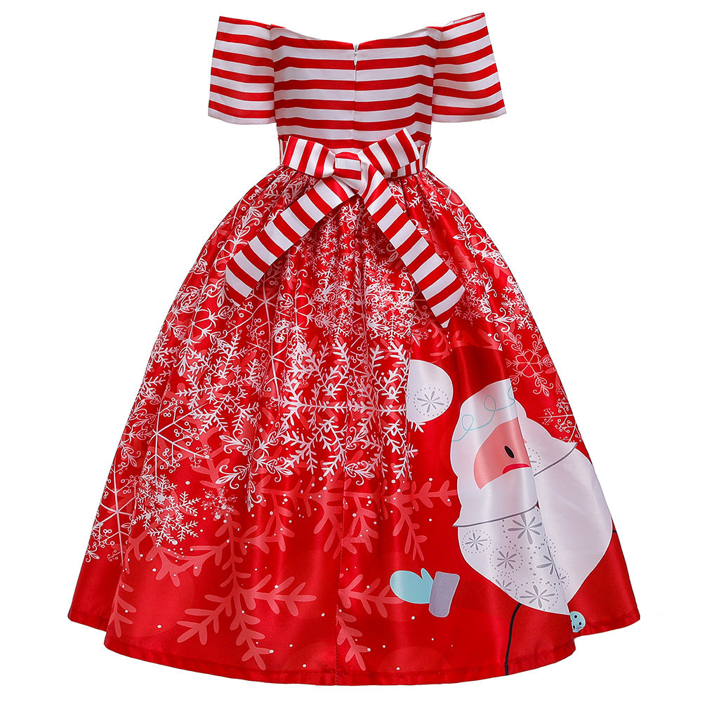 Kids Girls Drop Shoulder Santa Snow Flakes Dress Big Bowtie Christmas Outfit w Zip - Little Kooma