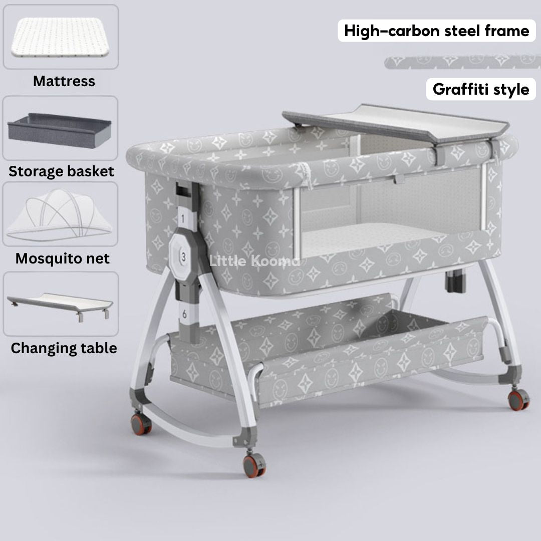 Baby Crib with Changing Table & Mosquito Net Height Adjustable Cradle & Mobile Bed Foldable & Washable - Little Kooma