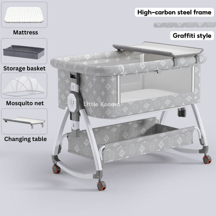 Baby Crib with Changing Table & Mosquito Net Height Adjustable Cradle & Mobile Bed Foldable & Washable - Little Kooma