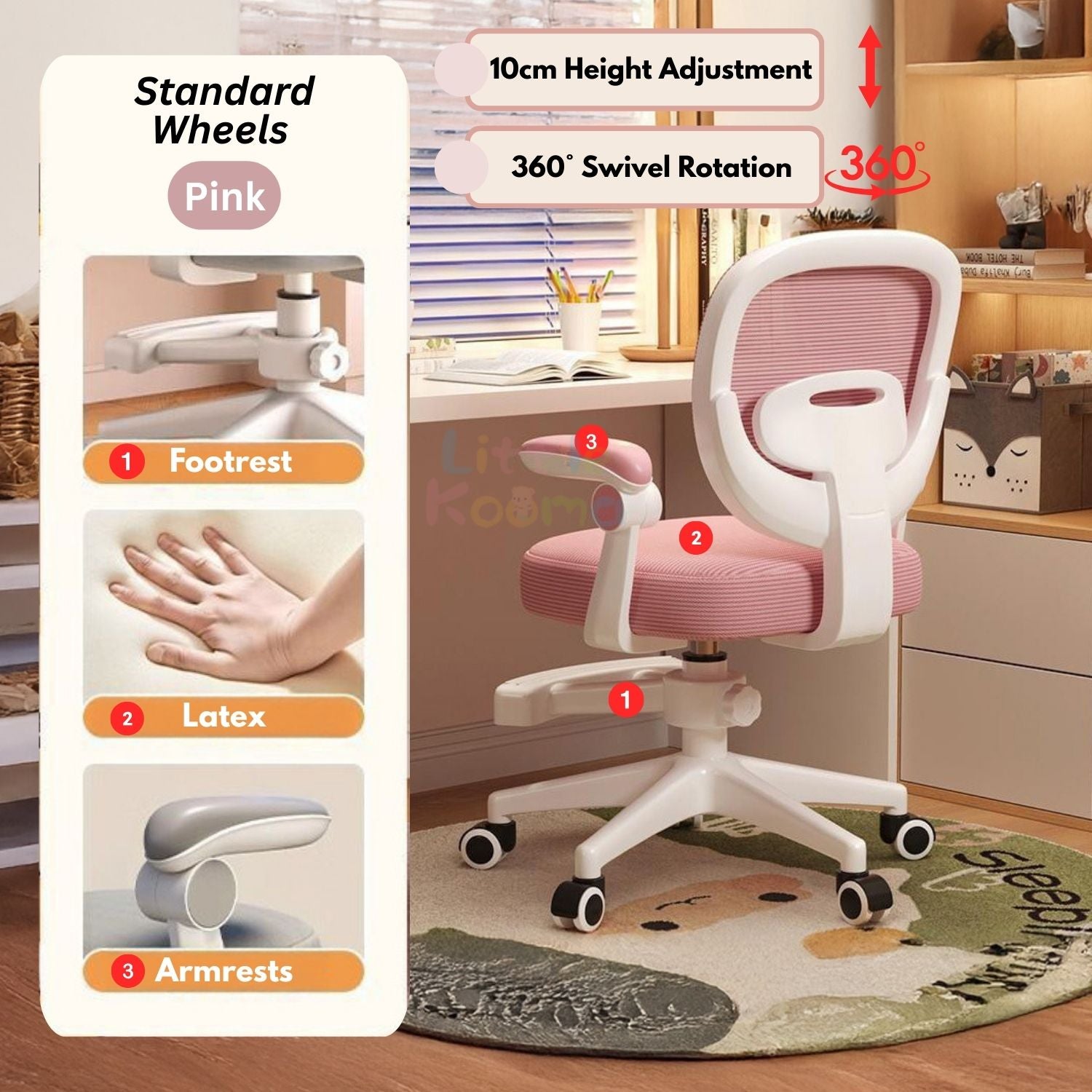 Ready Stock Kids Ergonomic Study Chair Height Adjustable 360° Swivel WithWithout Wheels Footrest
