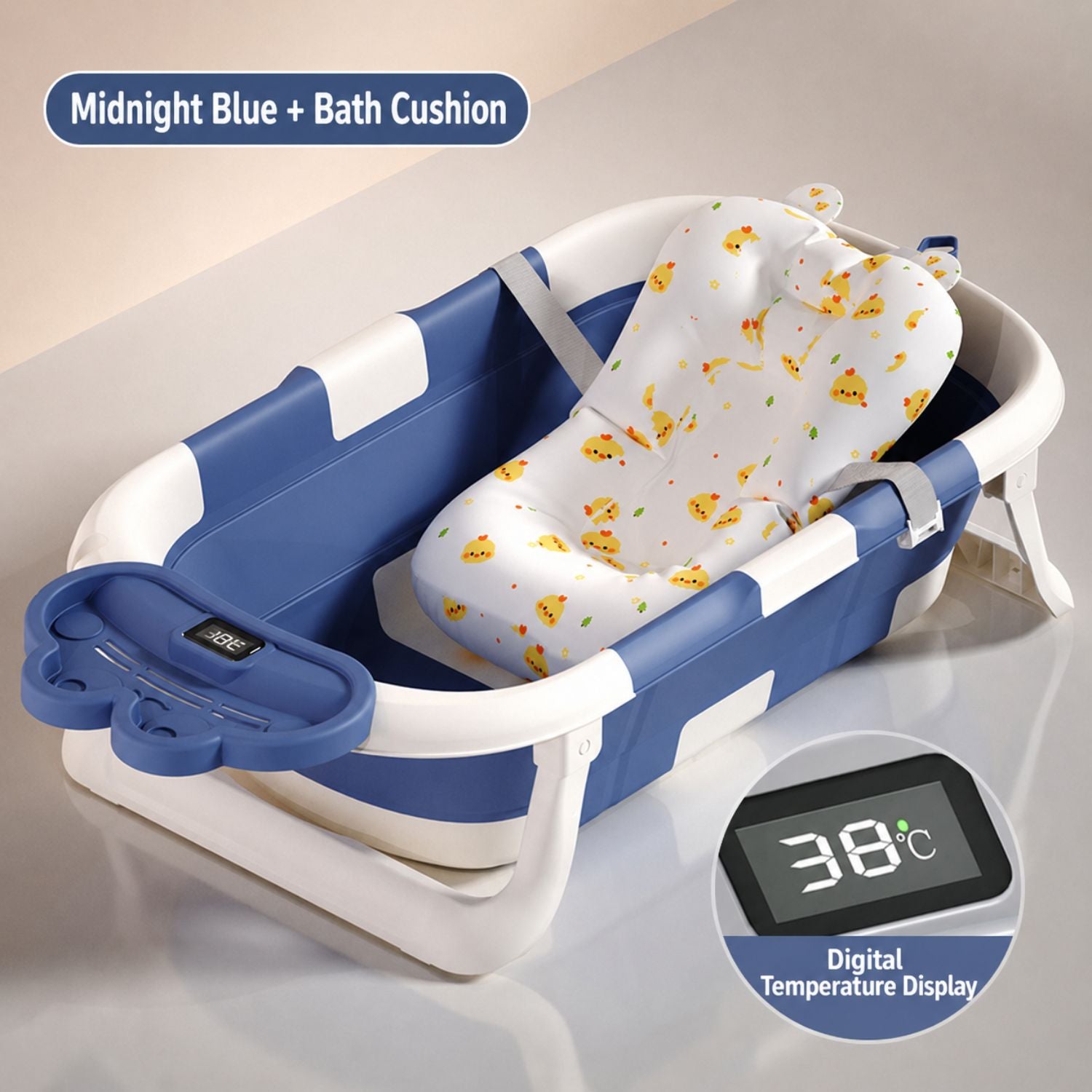 Ready Stock Foldable Baby Bathtub with Bath Cushion & Digital Temp Display for Newborn Toddler