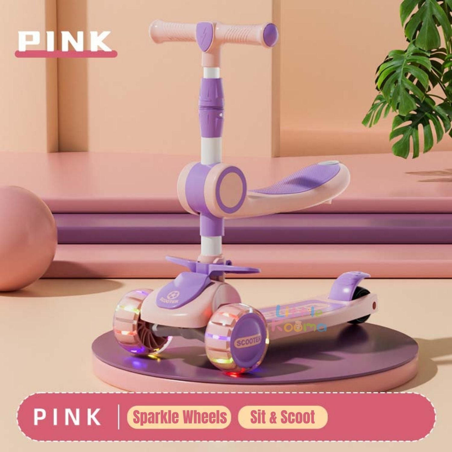 Ready Stock 2-in-1 Kids Scooter with Seat Adjustable Height LED Flash Wheels Toddler Kickboard - Little Kooma