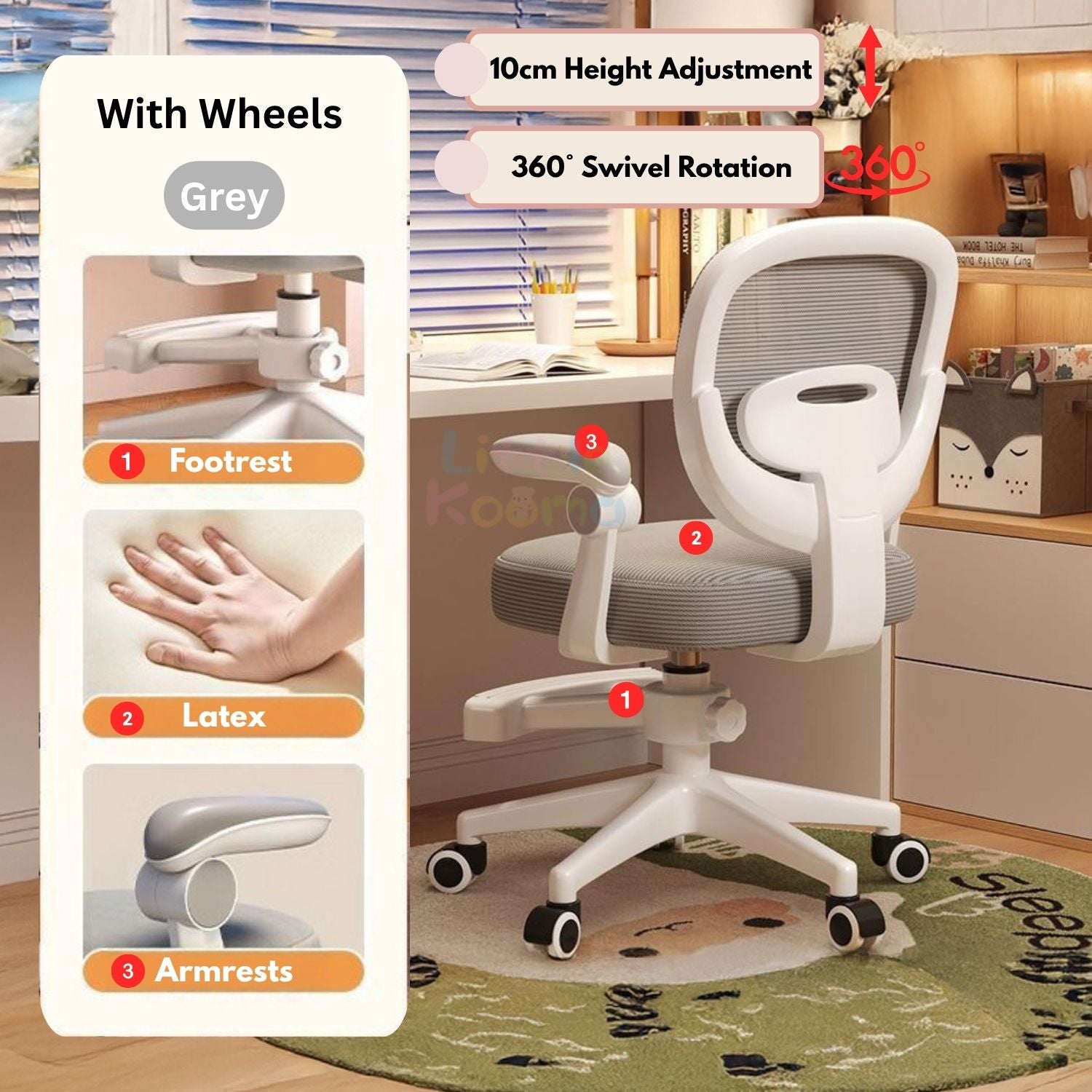 Ready Stock Kids Ergonomic Study Chair Height Adjustable 360° Swivel WithWithout Wheels Footrest
