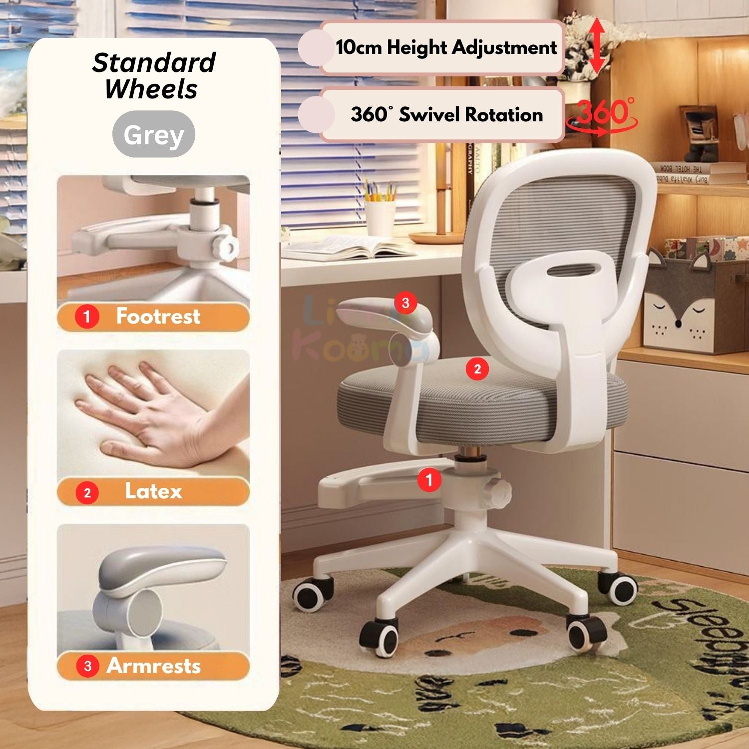 Ready Stock Kids Ergonomic Study Chair Height Adjustable 360° Swivel WithWithout Wheels Footrest