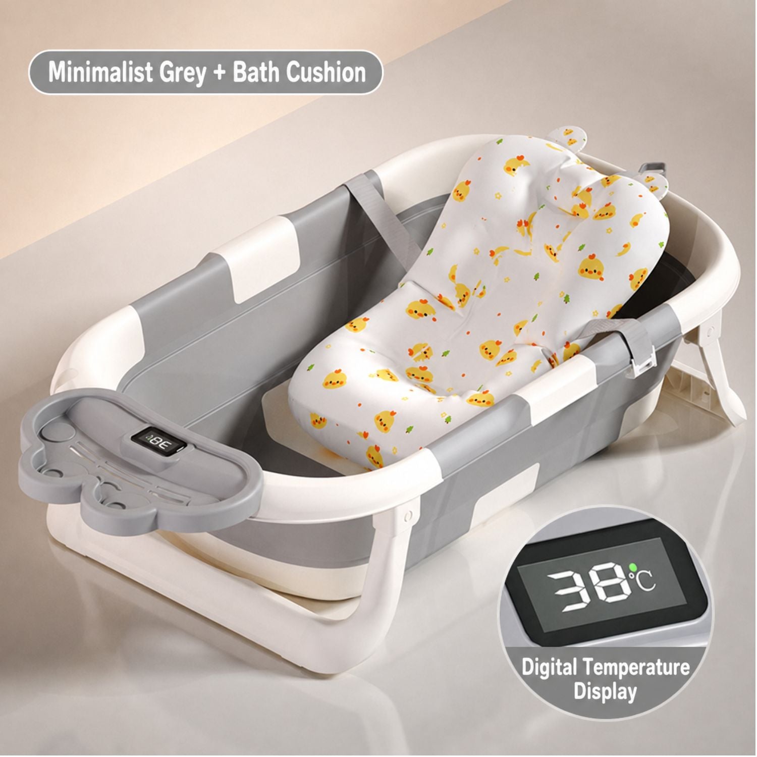 Ready Stock Foldable Baby Bathtub with Bath Cushion & Digital Temp Display for Newborn Toddler