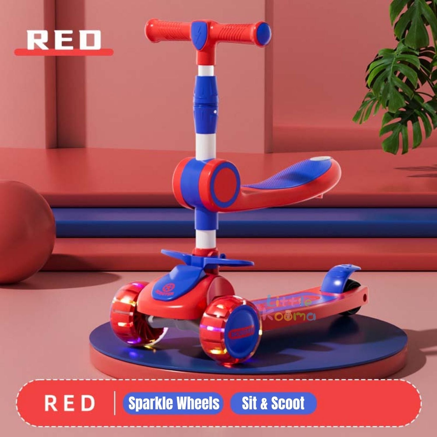 Ready Stock 2-in-1 Kids Scooter with Seat Adjustable Height LED Flash Wheels Toddler Kickboard - Little Kooma