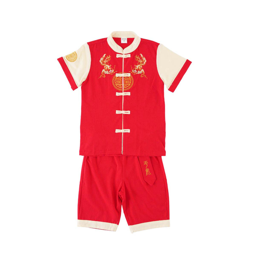 Singapore Souvenir Gift Wealth and Harmony Red Family Set with Golden Fish Embroidery Baby Kids Boys Cheongsam Set Top n Shorts CNY Chinese New Year Outfit 0835 - Little Kooma