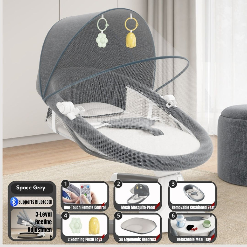 Electric Baby Rocking Chair with Bluetooth Music, Remote Control & Mosquito Net – Adjustable Swing & Recline