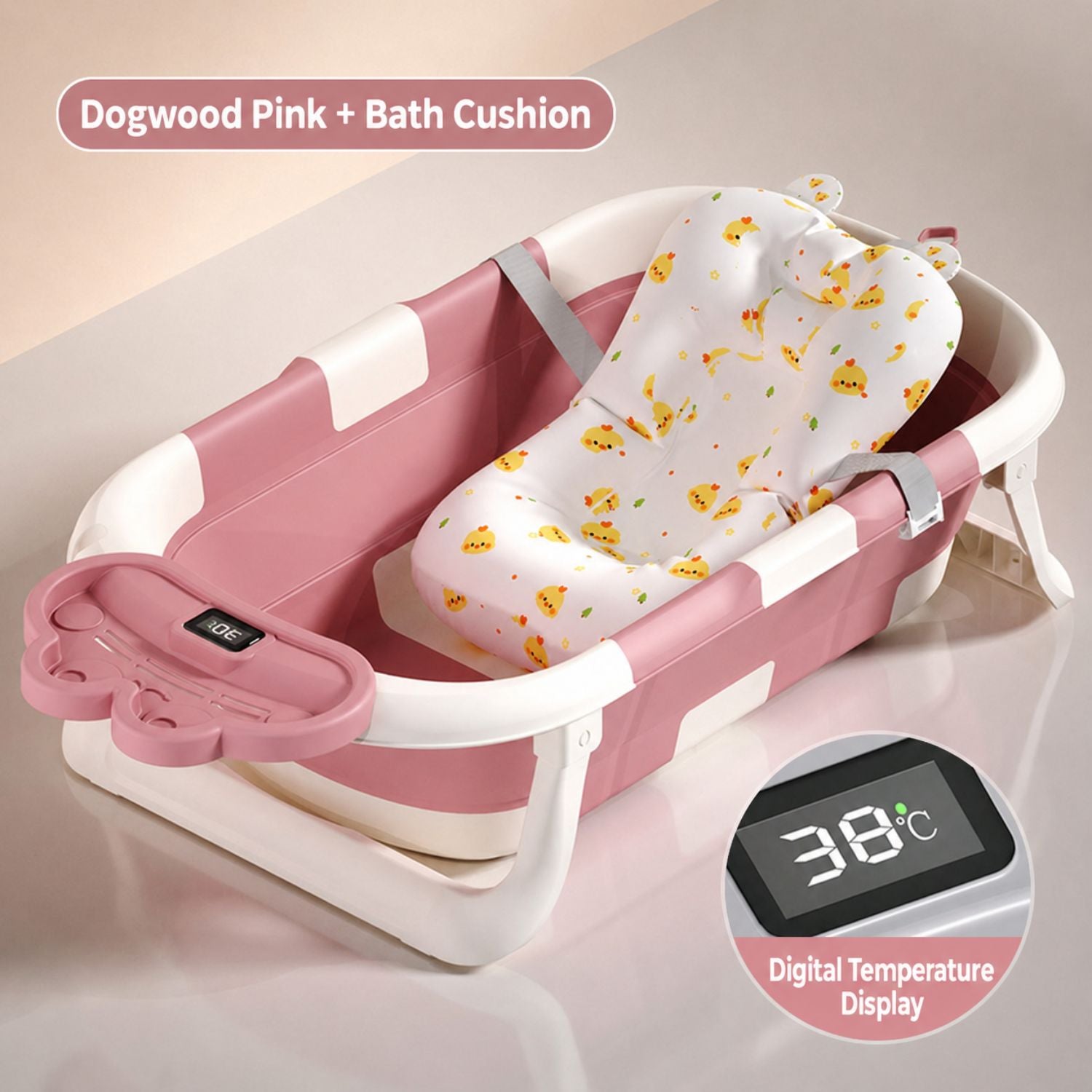 Ready Stock Foldable Baby Bathtub with Bath Cushion & Digital Temp Display for Newborn Toddler