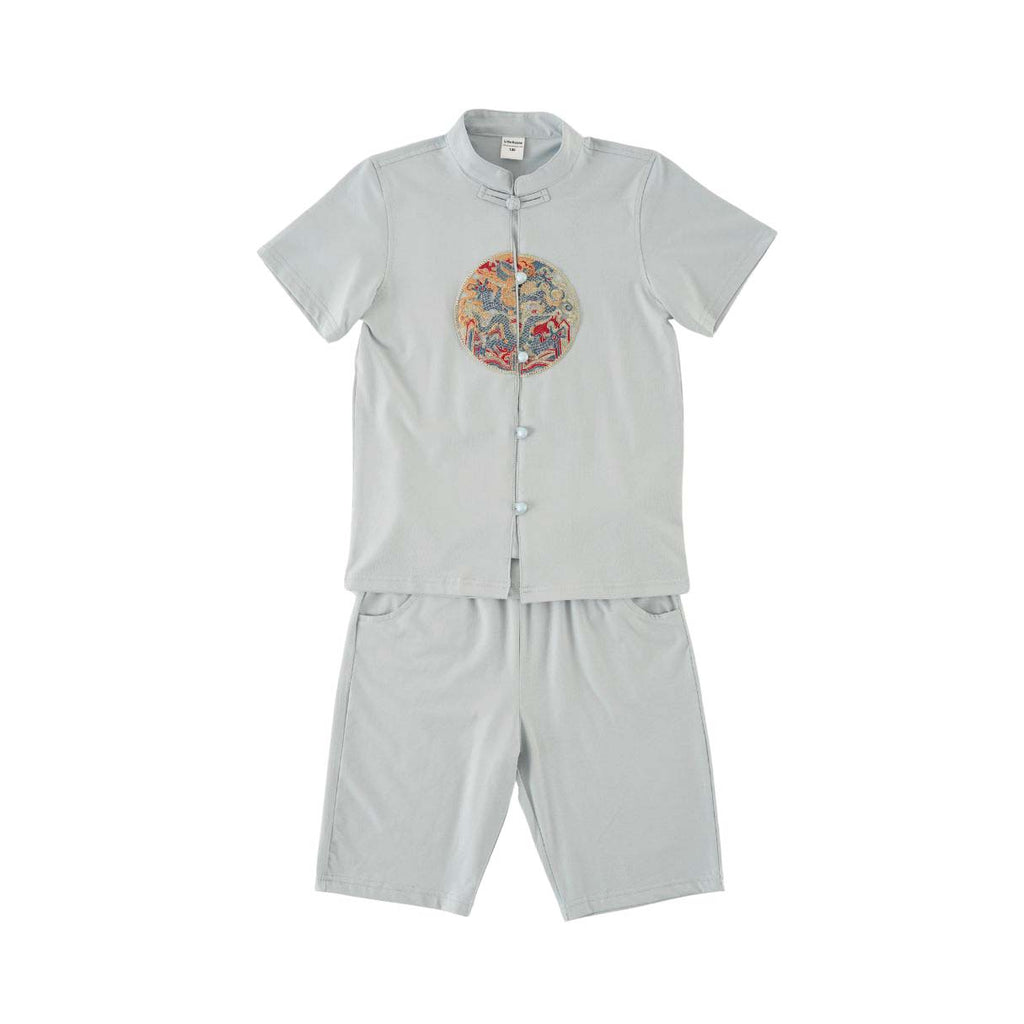 Singapore Souvenir Gift Vitality n Wisdom Blue Family Set Baby Kids Boys Cheongsam Set Top n Shorts CNY Chinese New Year Outfit 0844 - Little Kooma