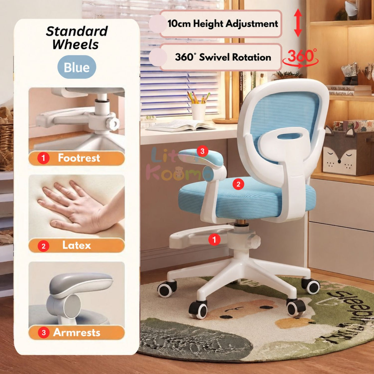 Ready Stock Kids Ergonomic Study Chair Height Adjustable 360° Swivel With Without Wheels Footrest - Little Kooma