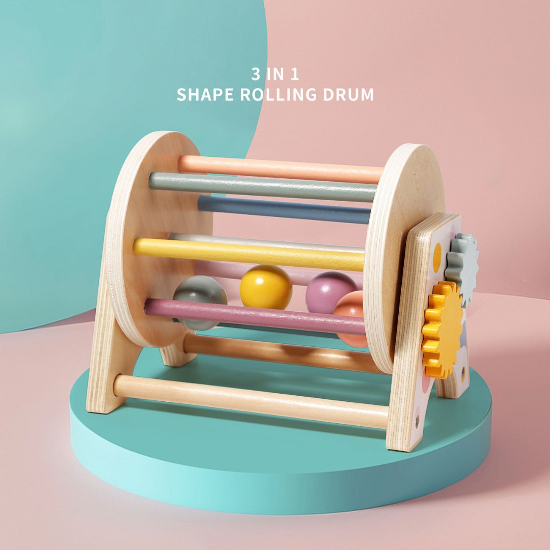 3-in-1 Wooden Shape Sorter Rolling Drum – Interactive Learning Toy for Toddlers 12 Months + - Little Kooma