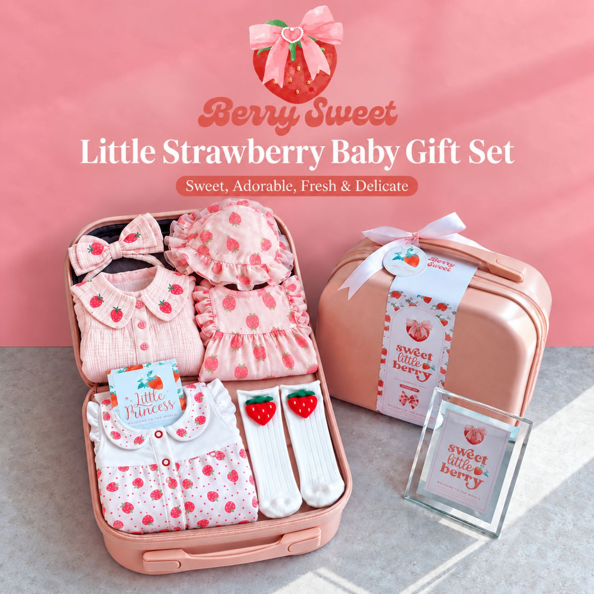 Little Strawberry Baby Girl Summer Gift Set – 3 Outfits, Bonnet, Headband, Socks & Keepsake Suitcase