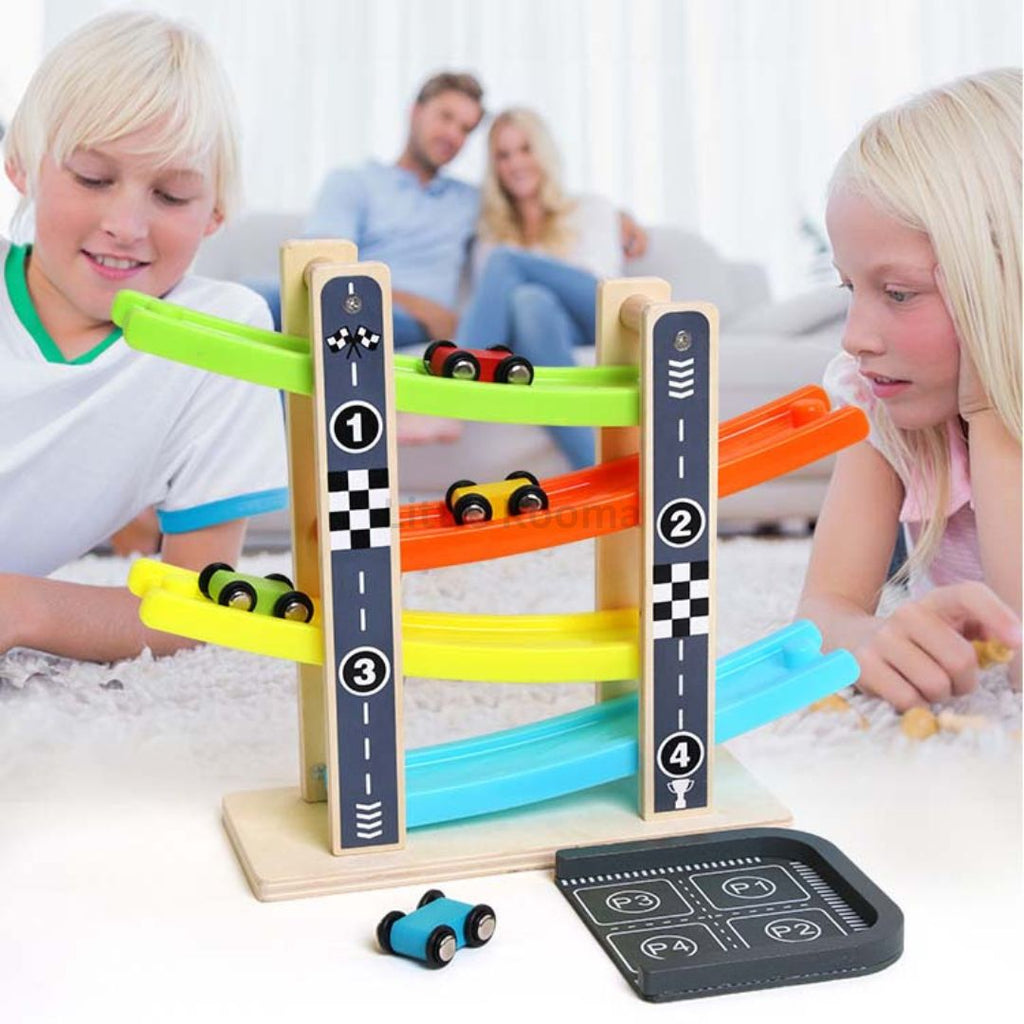 Wooden Gliding Car Ramp Toy – Zig Zag Race Track with Mini Cars, Toddler Racing Toy for Kids Boys & Girls Ages 3-6 - Little Kooma