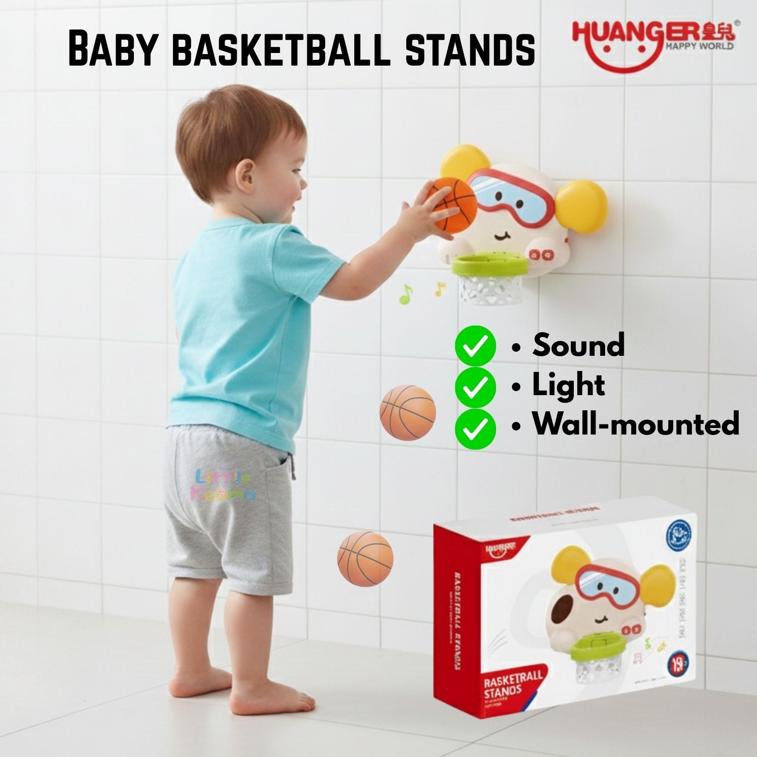 Ready Stock Kids Basketball Hoop Wall-Mounted Adjustable Height Silent Ball Toy with Music - Little Kooma
