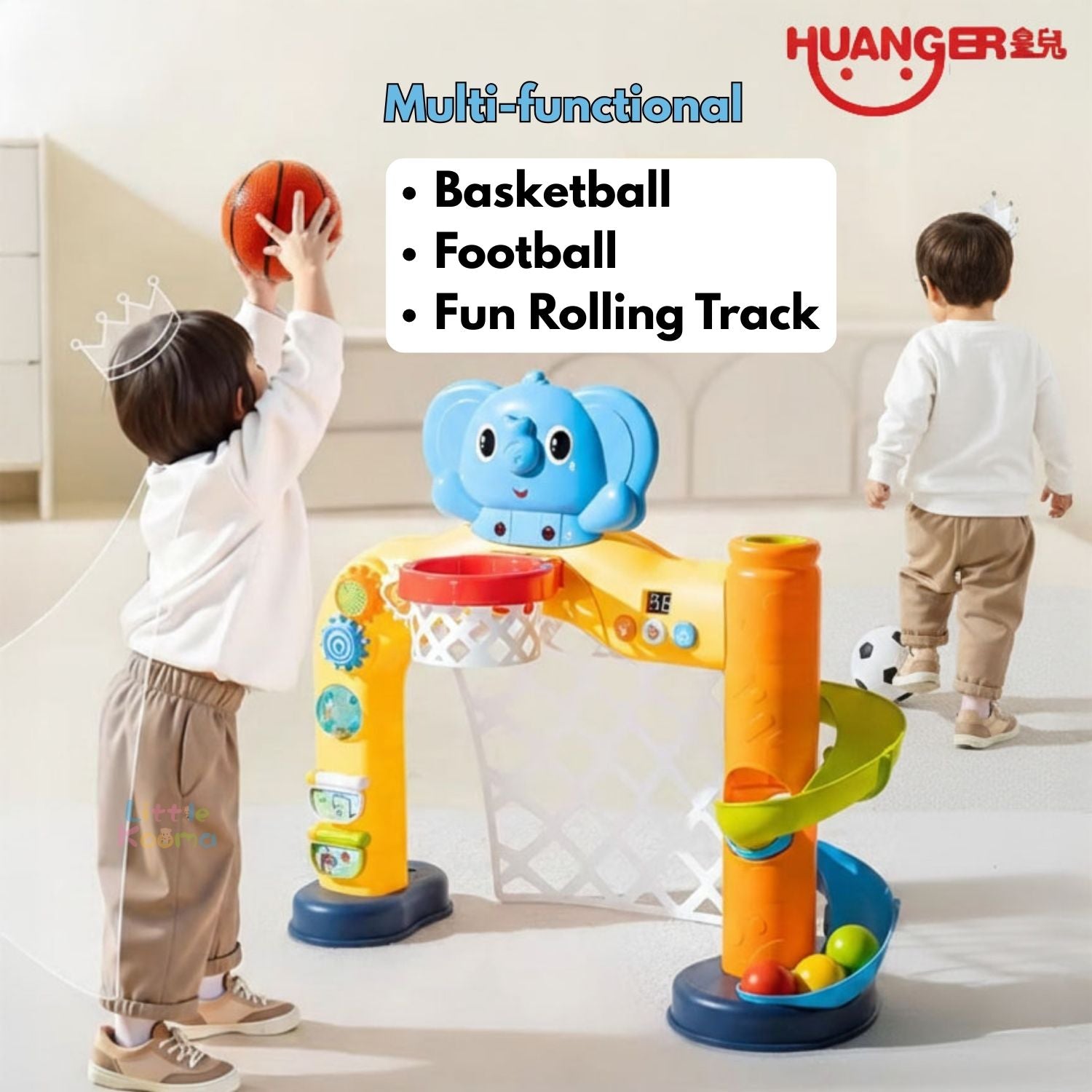 Ready Stock 3-in-1 Baby Basketball Hoop Football Soccer Goal Toy Set with Music Light Ball Tracker - Little Kooma
