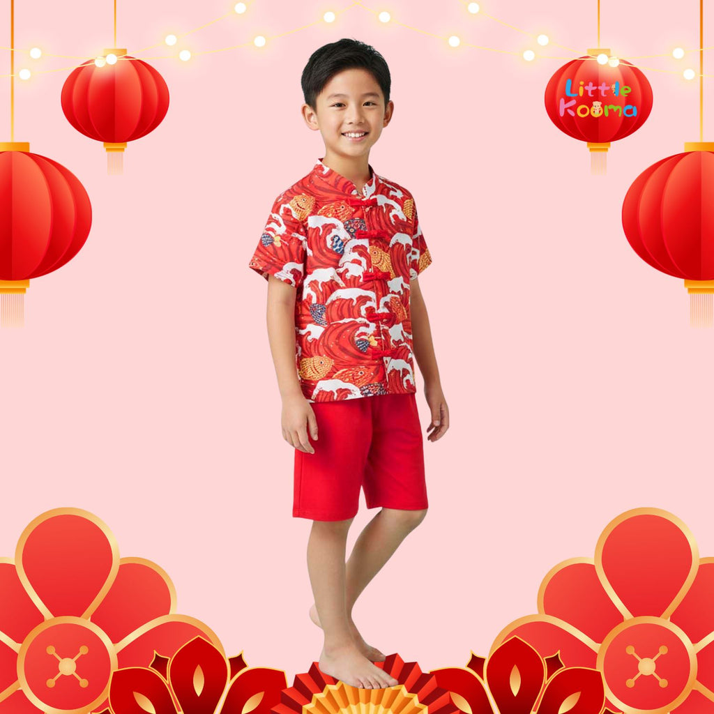 Ready Stock CNY Carp Dragon Leap Boys Cheongsam Top & Shorts Baby Kids Chinese New Year Outfit