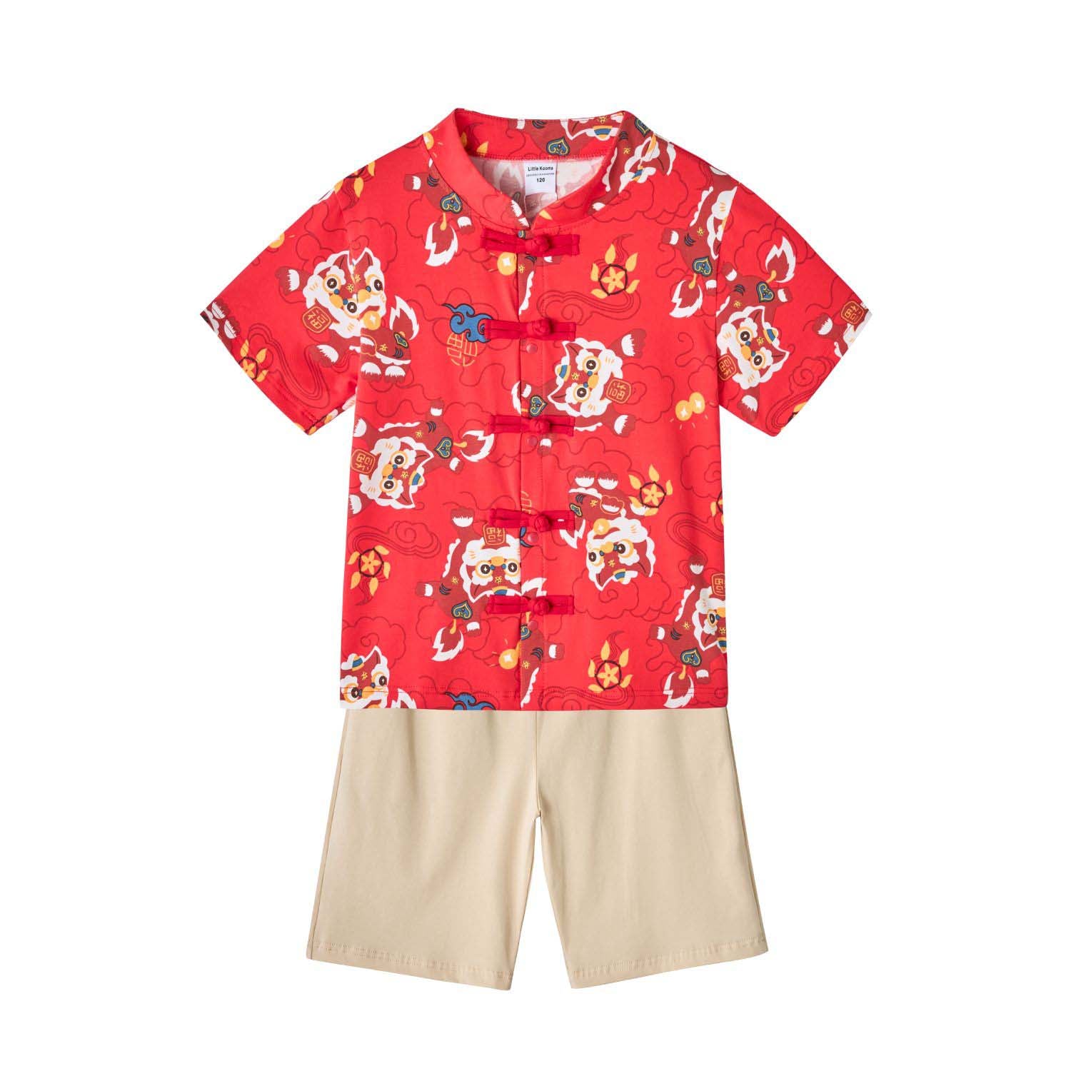 Ready Stock CNY Red Lion Dance Cheongsam Top & Shorts Set Baby Kids Boys Chinese New Year