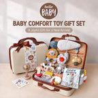 Newborn Unisex Baby Comfort & Sensory Toy Gift Set with Keepsake Suitcase – Teethers, Rattles, Cloth Book & Cot Toy