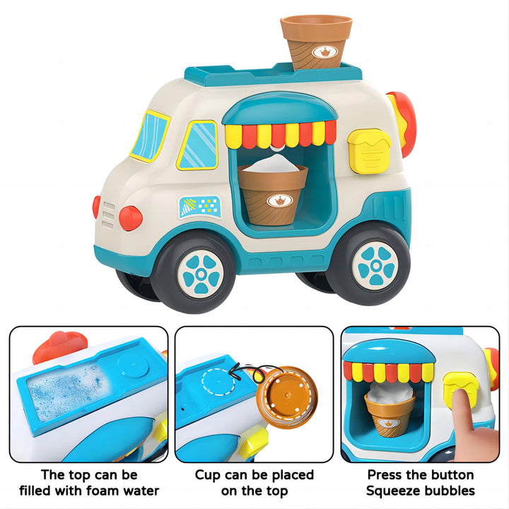 Ice Cream Bubble Fun Bath Truck – Water Cup, Squeeze Bubbles, Strong Suction Cup, and Baby Shower Distraction Toy 12 Month +