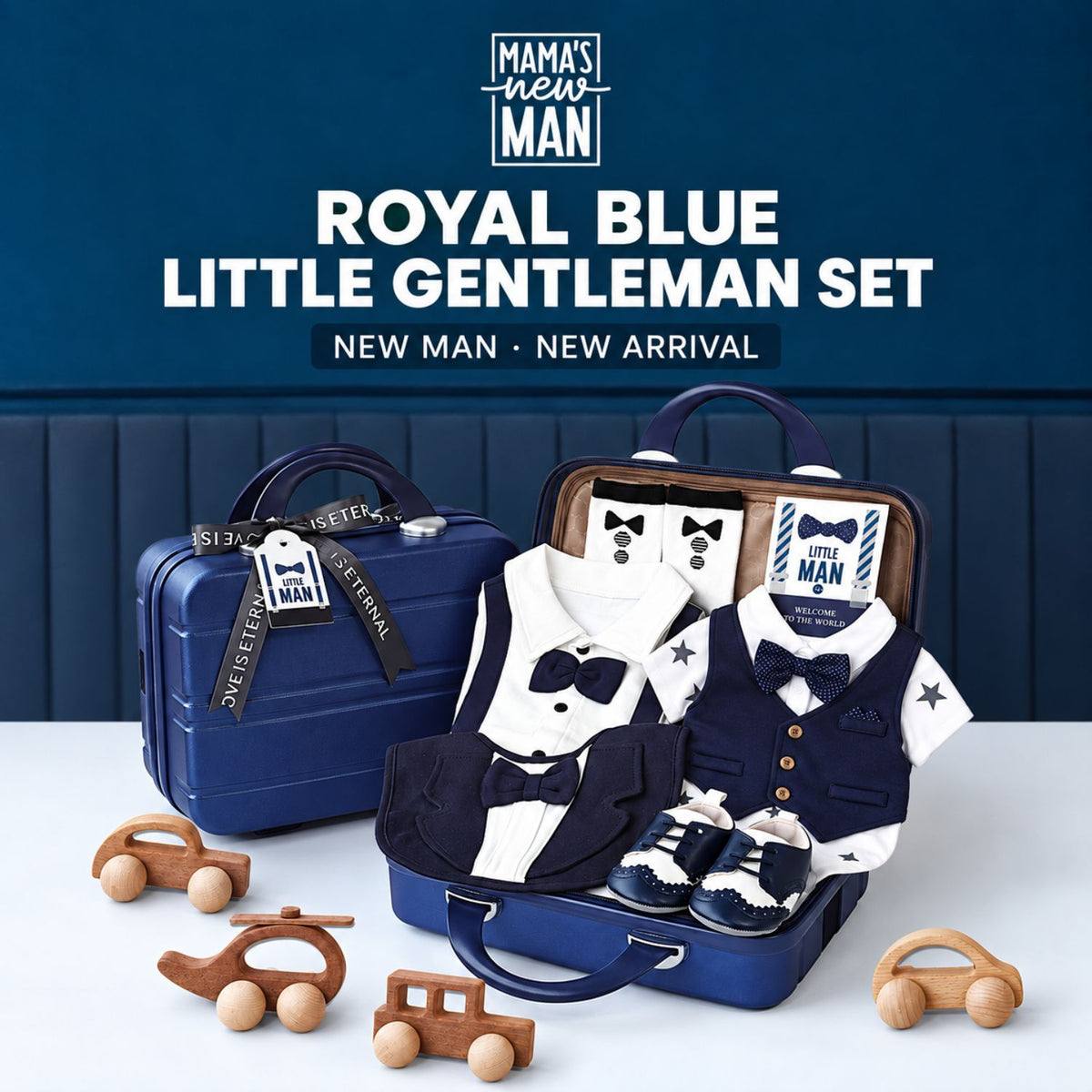 Little Man Baby Boy Gift Set – Summer Gentleman Outfits, Wooden Toys & Blue Carry Case