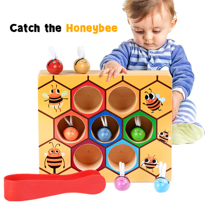 Montessori Early Education Wooden Bug Catching Game Preschool Educational Role-Playing Toy for Color Recognition and Bee Clipping 3 Years + - Little Kooma
