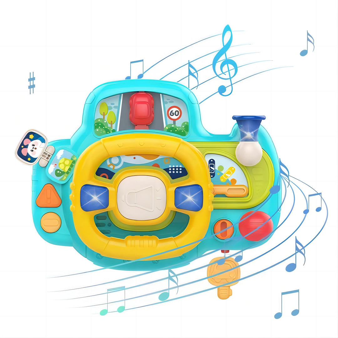 Portable Baby Steering Wheel Toy with Velcro Straps – Pretend Play with Lights, Sounds, and Flip Activities for Tables, Strollers, and Car Seats 18 Months +