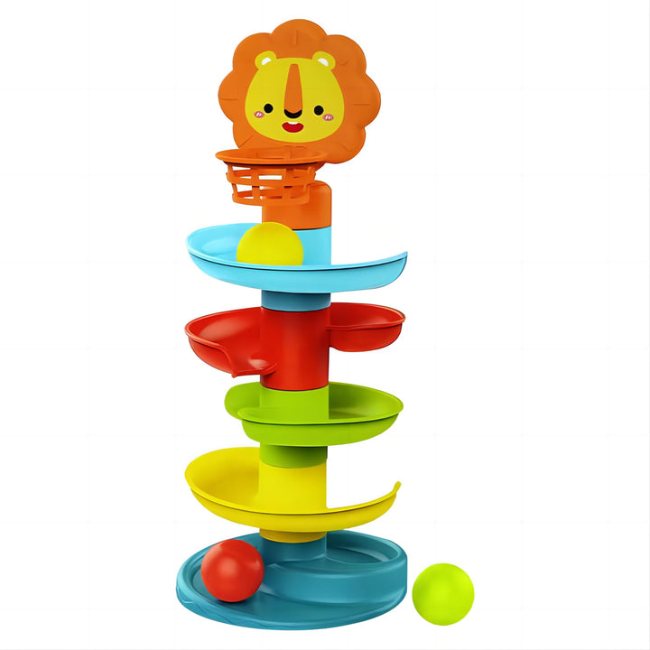 Spiral Race Marble Run STEM Toy – Lion Rebound Design, Removable Side Rails, 3 Color Balls, and Ball-Shooting Basket for Kids 18+ Months