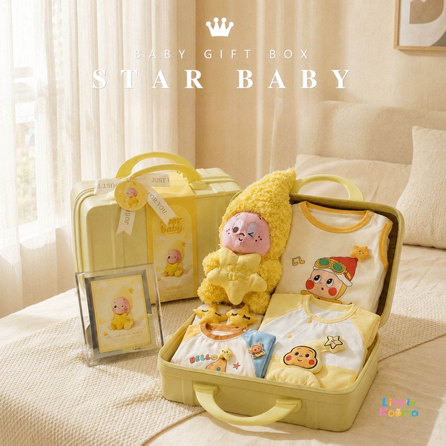 Star Baby Newborn Unisex Gift Box with Baby Rompers, Plush Doll, Socks, Photo Frame & Blessing Card