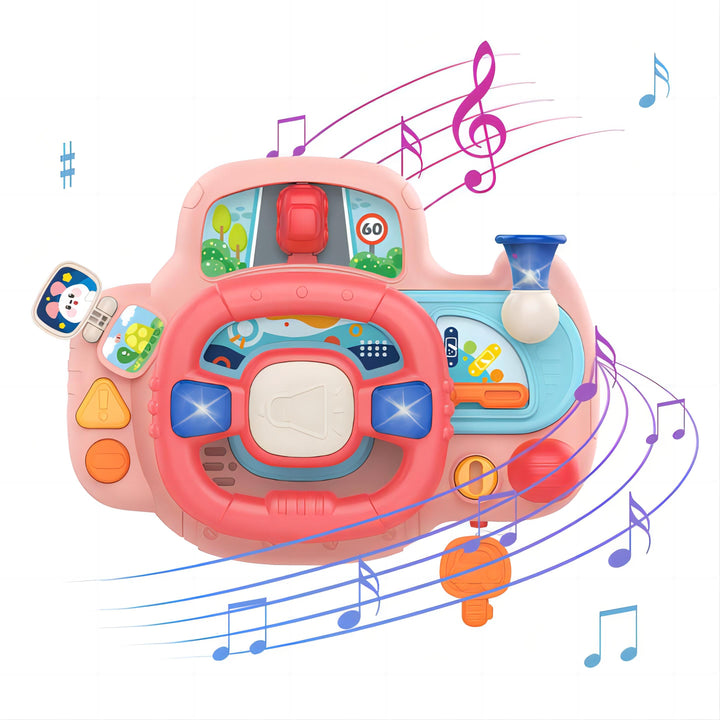 Portable Baby Steering Wheel Toy with Velcro Straps – Pretend Play with Lights, Sounds, and Flip Activities for Tables, Strollers, and Car Seats 18 Months +