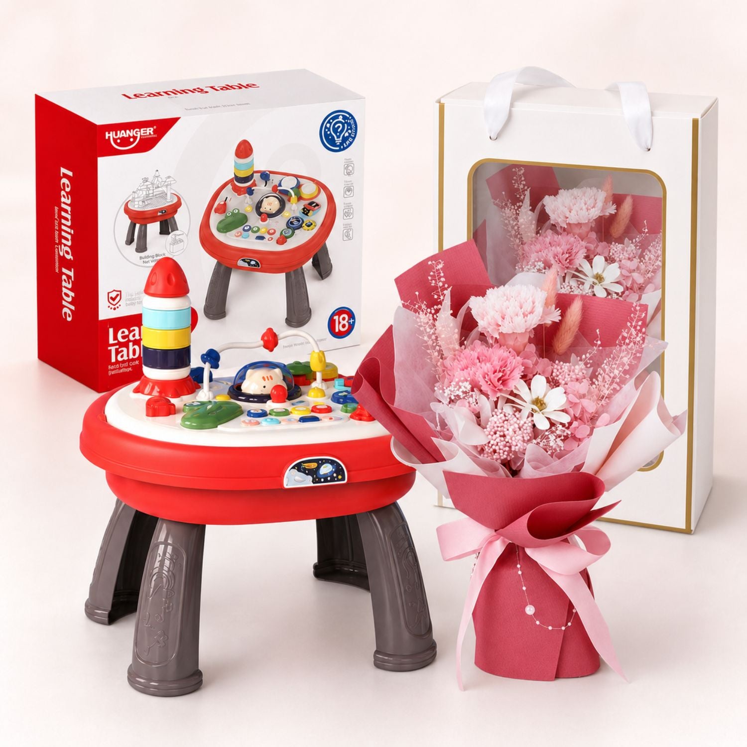 Baby Newborn Unisex Gift 4-In-1 Multi-Functional Baby Activity Center & Preserved Flowers Hand Bouquet For Mum