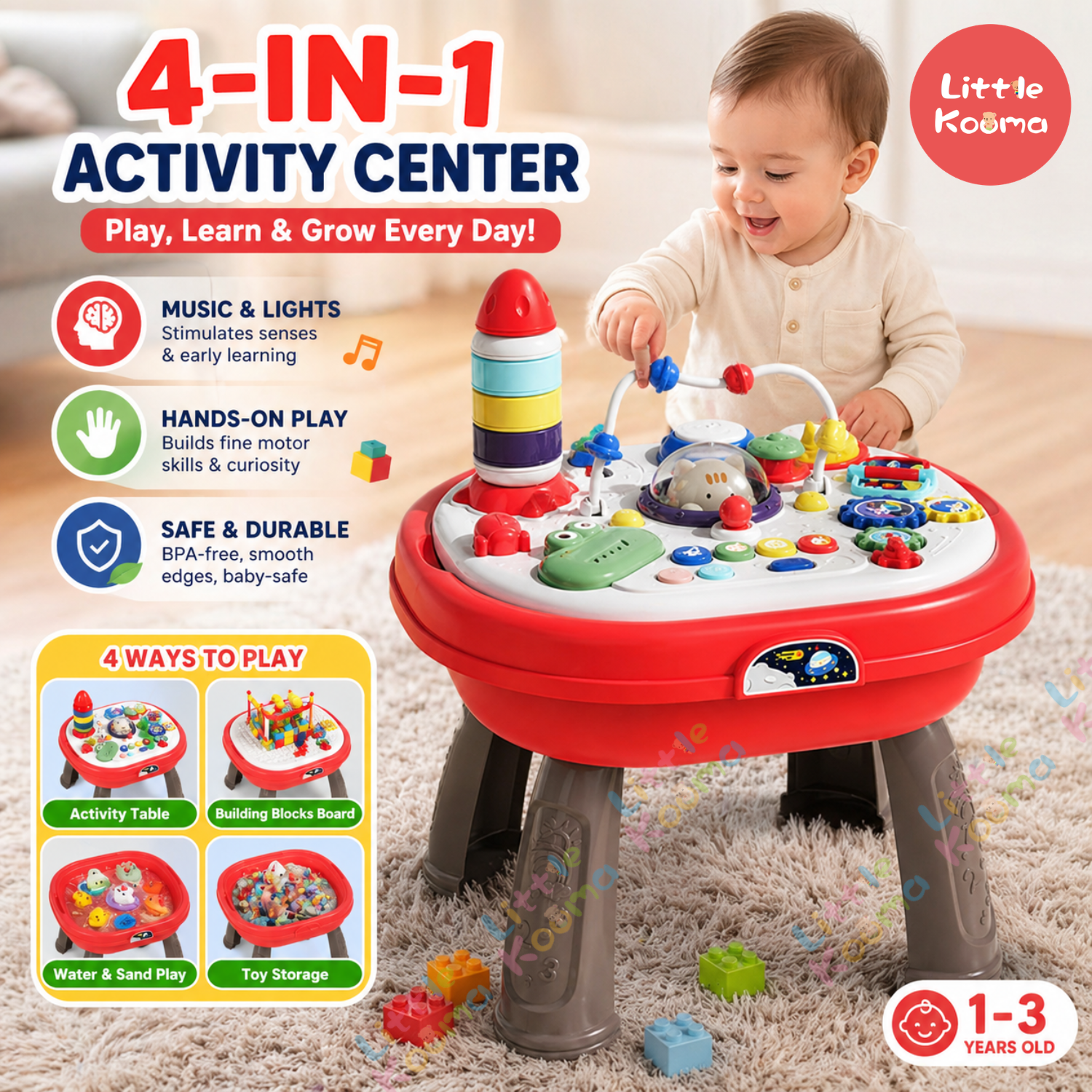 4-In-1 Multi-Functional Baby Activity Center & Toddler Play Table For 1-3 Years Kids