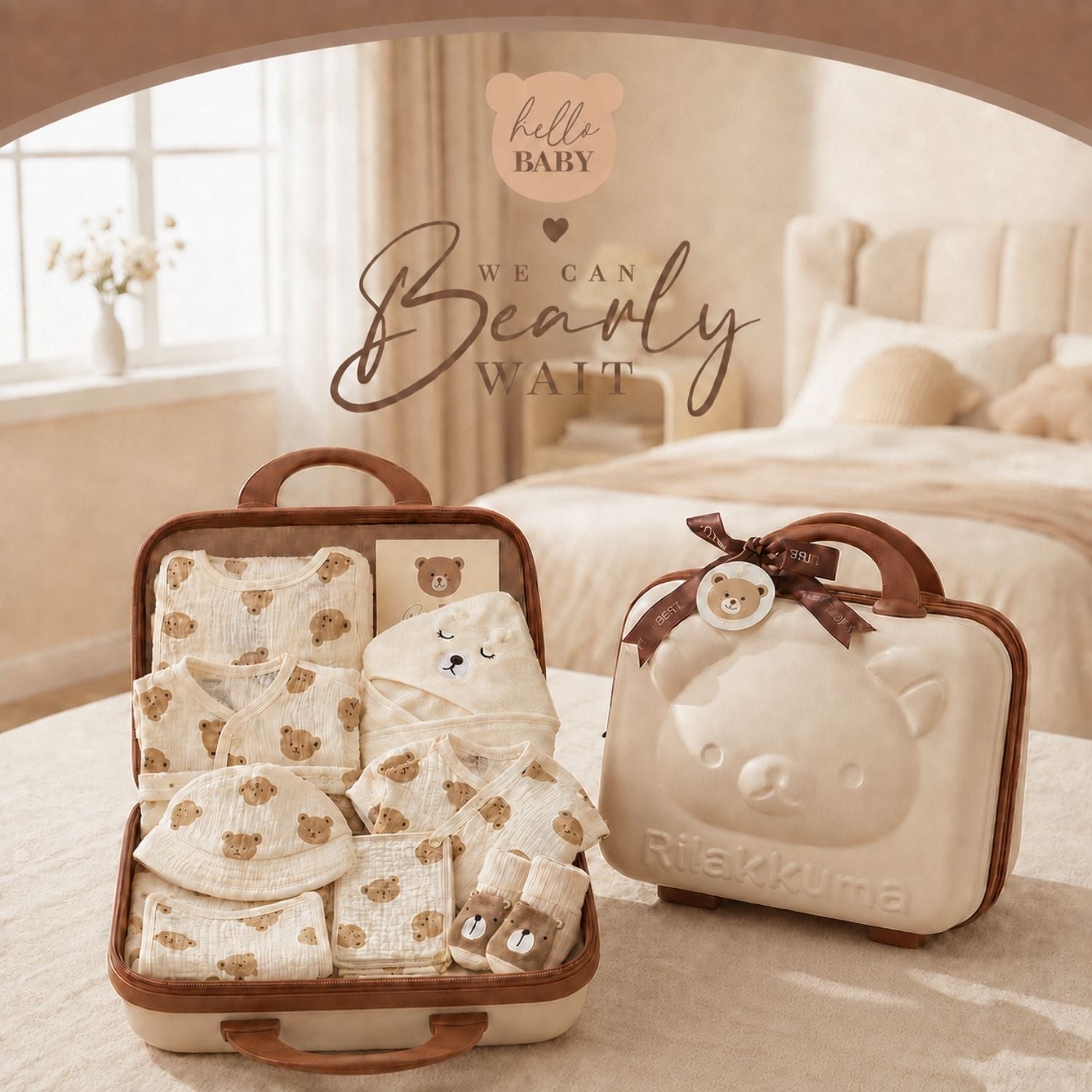 Little Bear Newborn Baby Gift Set – Cotton Muslin Summer Essentials with Keepsake Suitcase