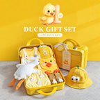 One Lucky Duck Baby Unisex Gift Set – 3 Summer Rompers, Hat, 30cm Plush Toy, Socks & Yellow Carry Case