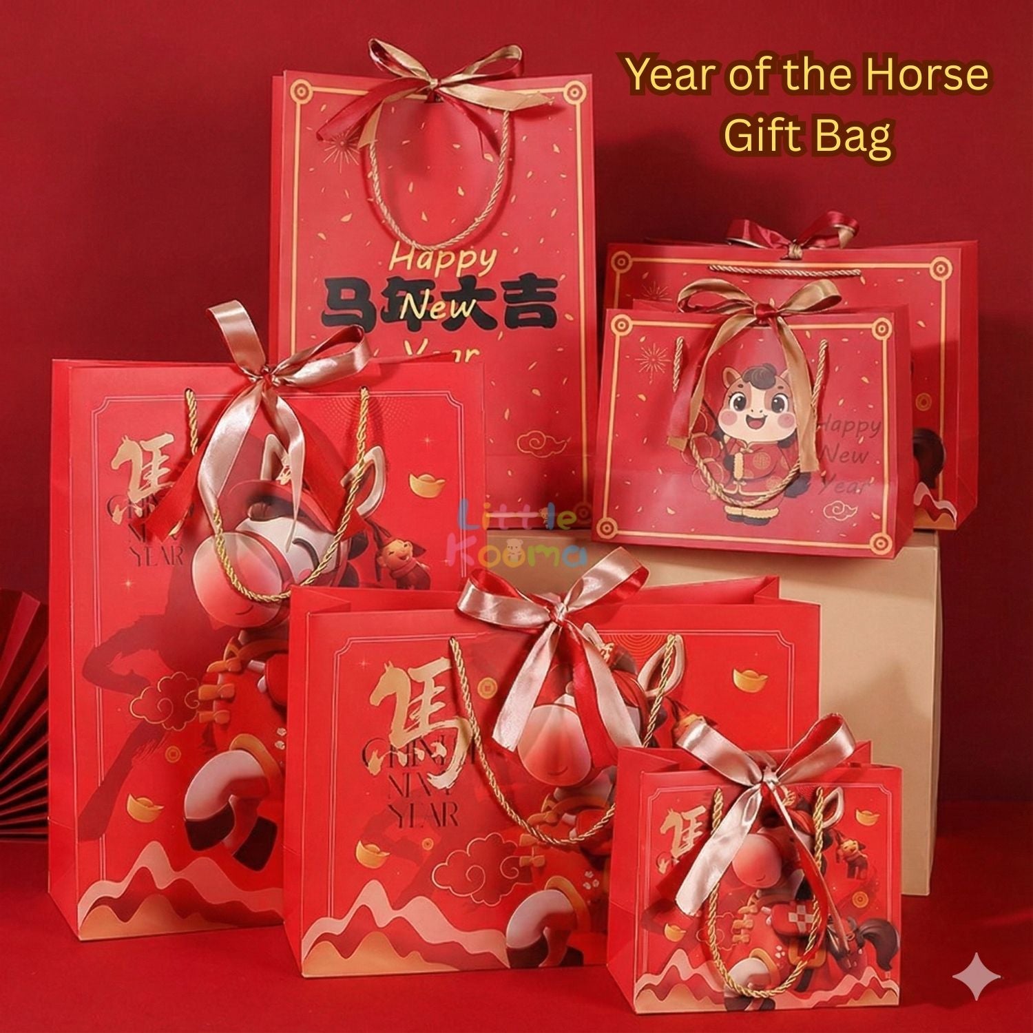 Ready Stock CNY Horse Year Gift Bag Paper Carrier Bag with Ribbon Bow Handle (4 Sizes)