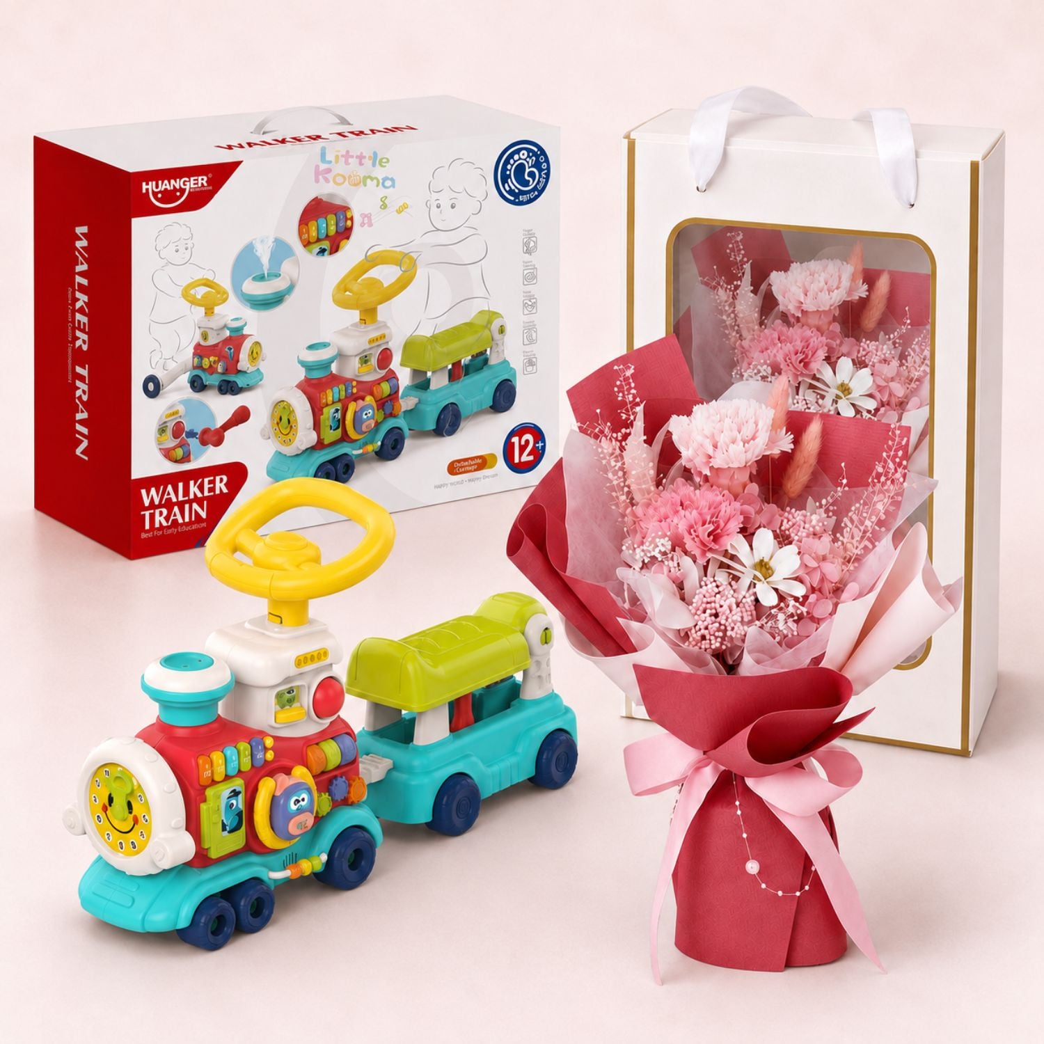 Baby Newborn Unisex Gift 5-in-1 Baby Walker Ride-On Train Toy & Preserved Flowers Hand Bouquet For Mum