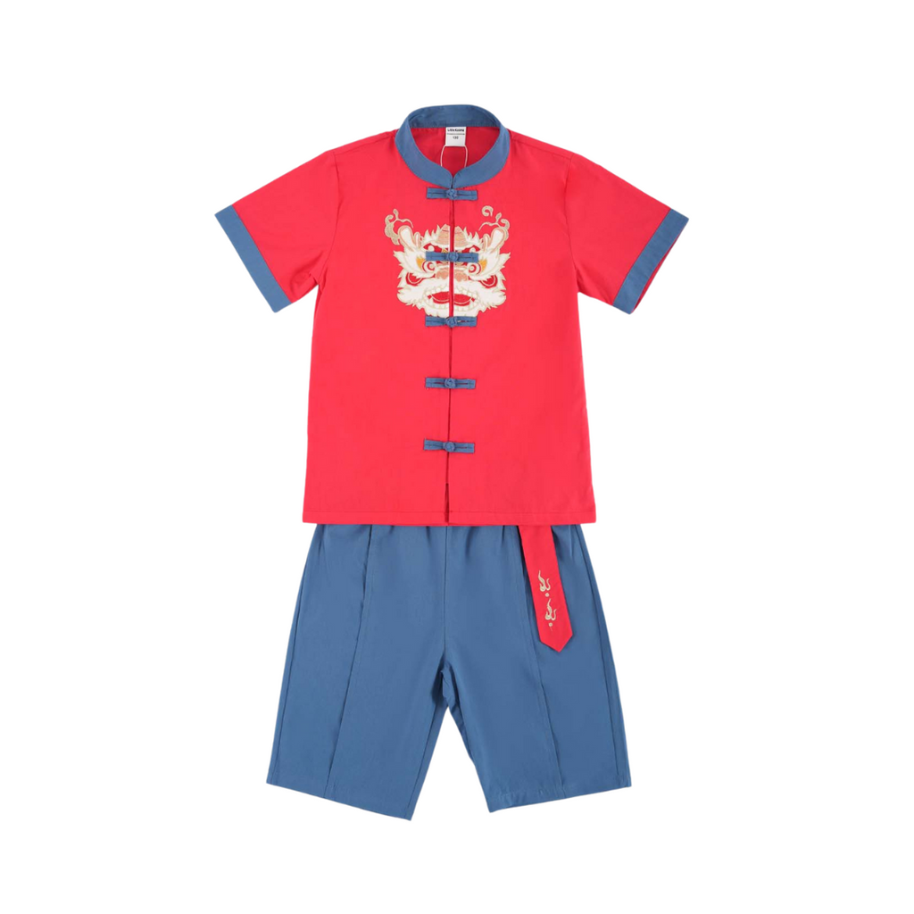 Singapore Souvenir Gift Dancing Lion Baby Kids Boys Cheongsam Set Red Top n Blue Shorts CNY Chinese New Year Outfit 0838 - Little Kooma
