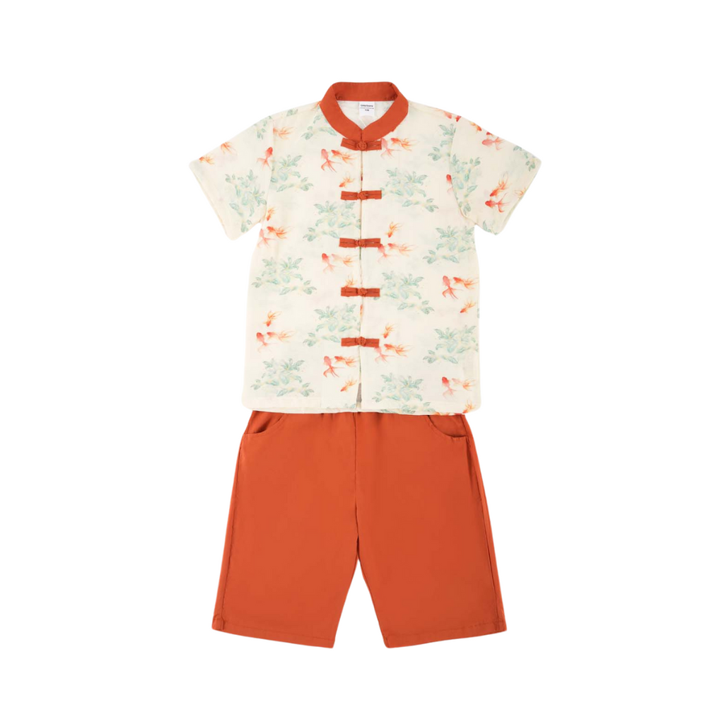 Singapore Souvenir Gift Fortune Bloom Family Set with Golden Fish Baby Kids Boys Cheongsam Set Top n Shorts CNY Chinese New Year Outfit 0829 - Little Kooma