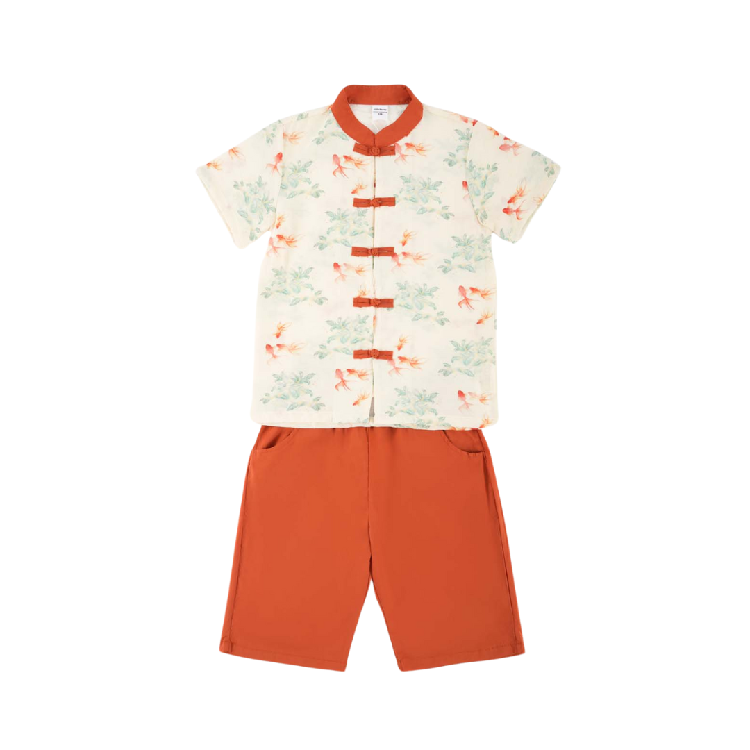 Singapore Souvenir Gift Fortune Bloom Family Set with Golden Fish Baby Kids Boys Cheongsam Set Top n Shorts CNY Chinese New Year Outfit 0829 - Little Kooma