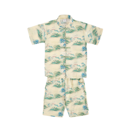 Singapore Souvenir Gift Chinese Landscape Painting Mountains Trees Baby Kids Boys Cheongsam Set Top n Shorts CNY Chinese New Year Outfit 0836 - Little Kooma
